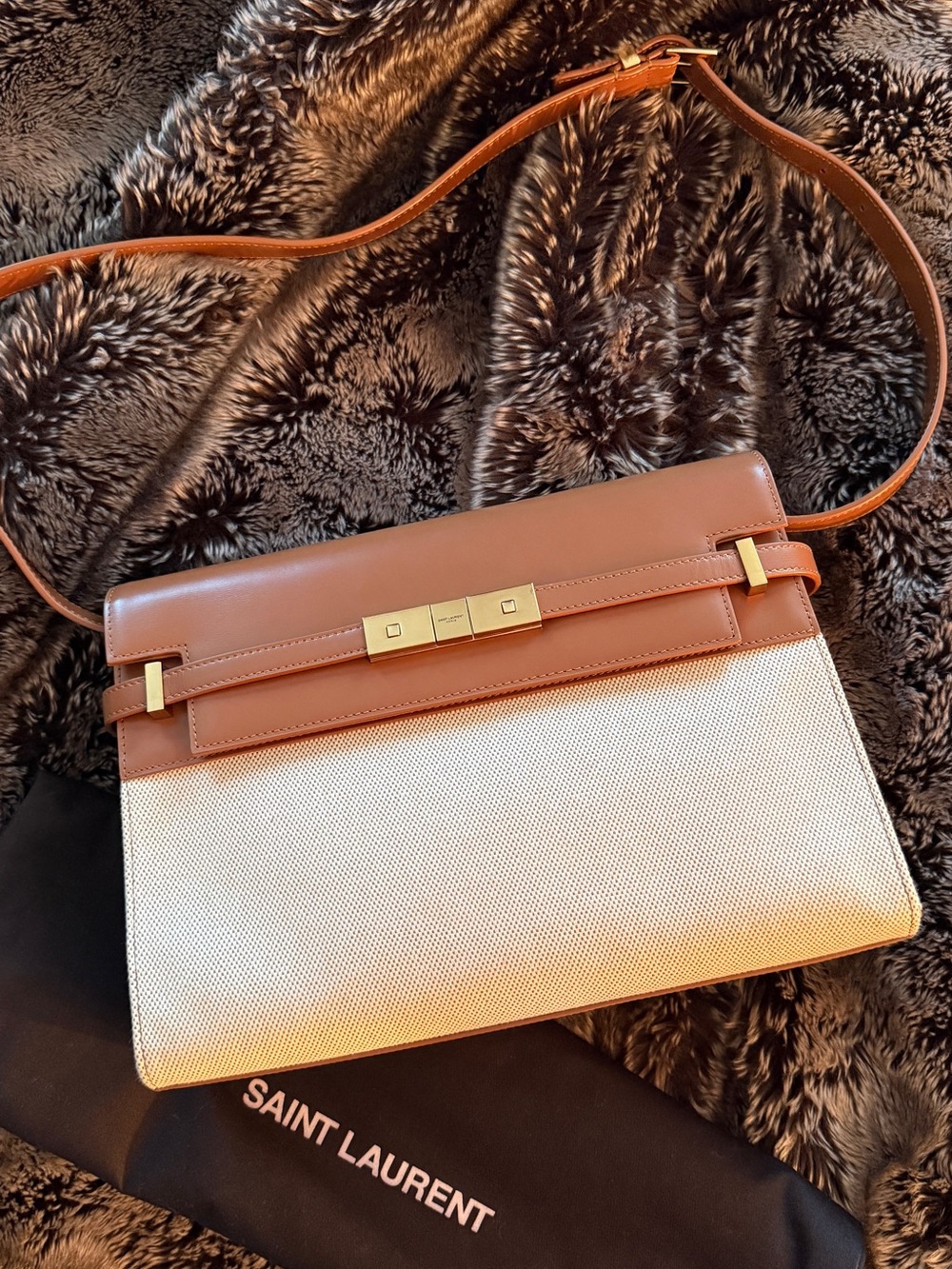 Brown Leather & Canvas Medium Manhattan Bag
